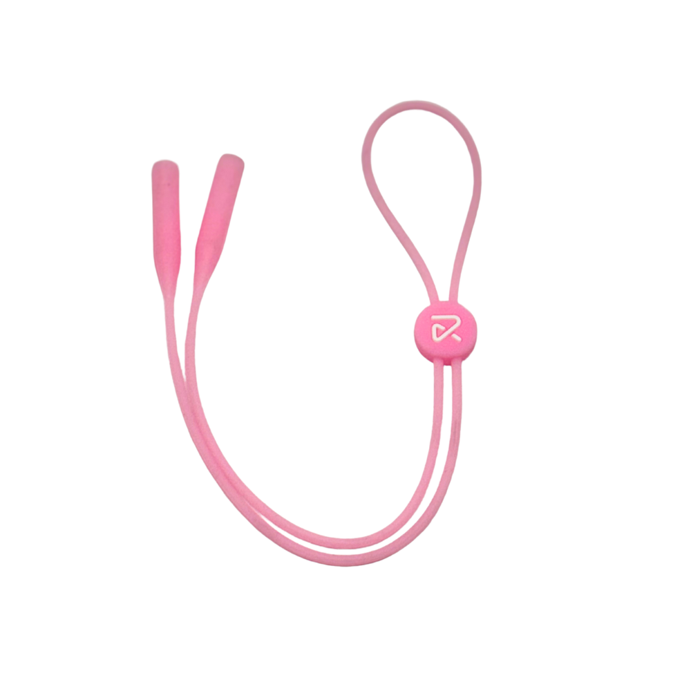 A pink silicone sunglass keeper with an adjustable sliding piece and loops at each end.