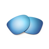 Two blue mirrored replacement sunglass lenses overlapping on a clean white background.