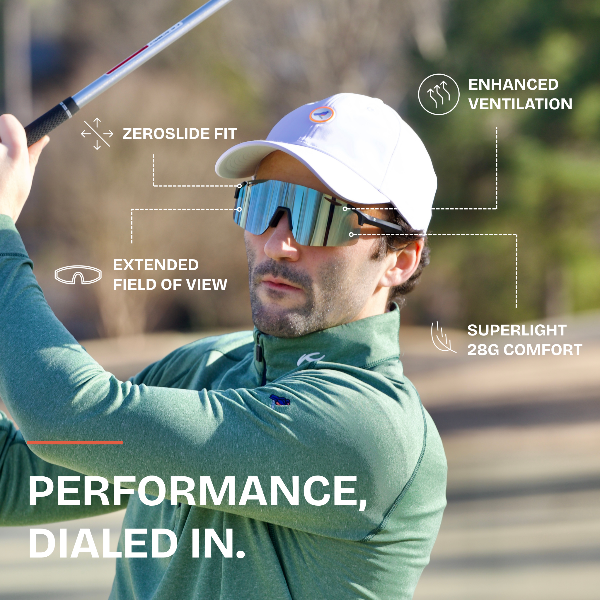Golfer in green shirt and white cap with sunglasses, holding a golf club, on a blurred golf course background.