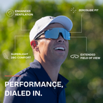 Bob Bryan wearing sunglasses with text highlighting features like 'Enhanced Ventilation', 'Zeroslide Fit', 'Superlight 28G Comfort', and 'Extended Field of View'.