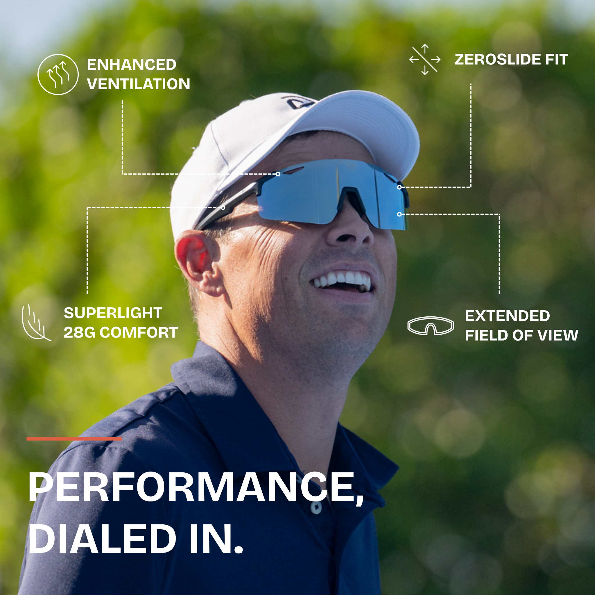 Bob Bryan wearing sunglasses with text highlighting features like 'Enhanced Ventilation', 'Zeroslide Fit', 'Superlight 28G Comfort', and 'Extended Field of View'.