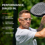 Man holding a paddle with text about product features on a blurred green background