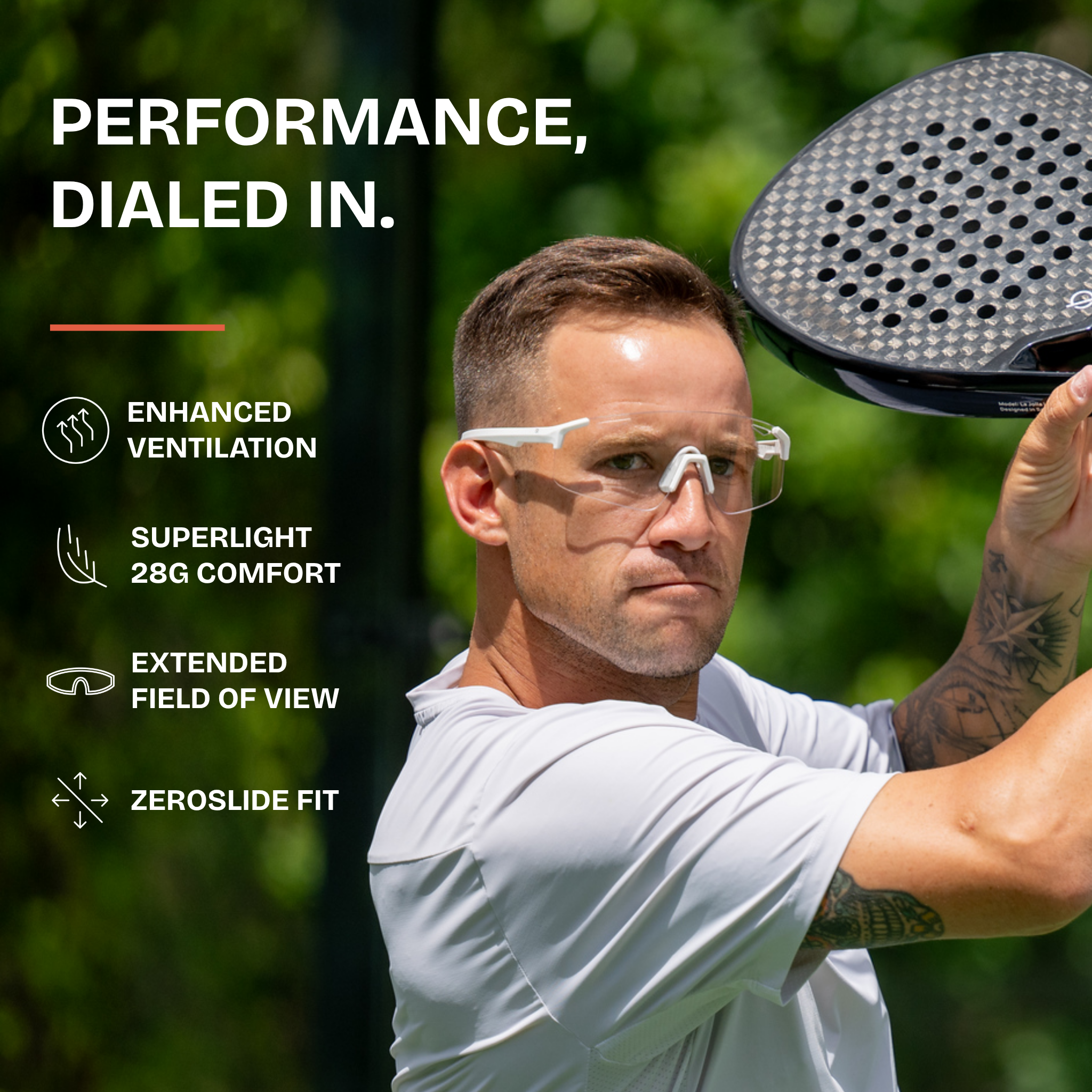 Man holding a paddle with text about product features on a blurred green background