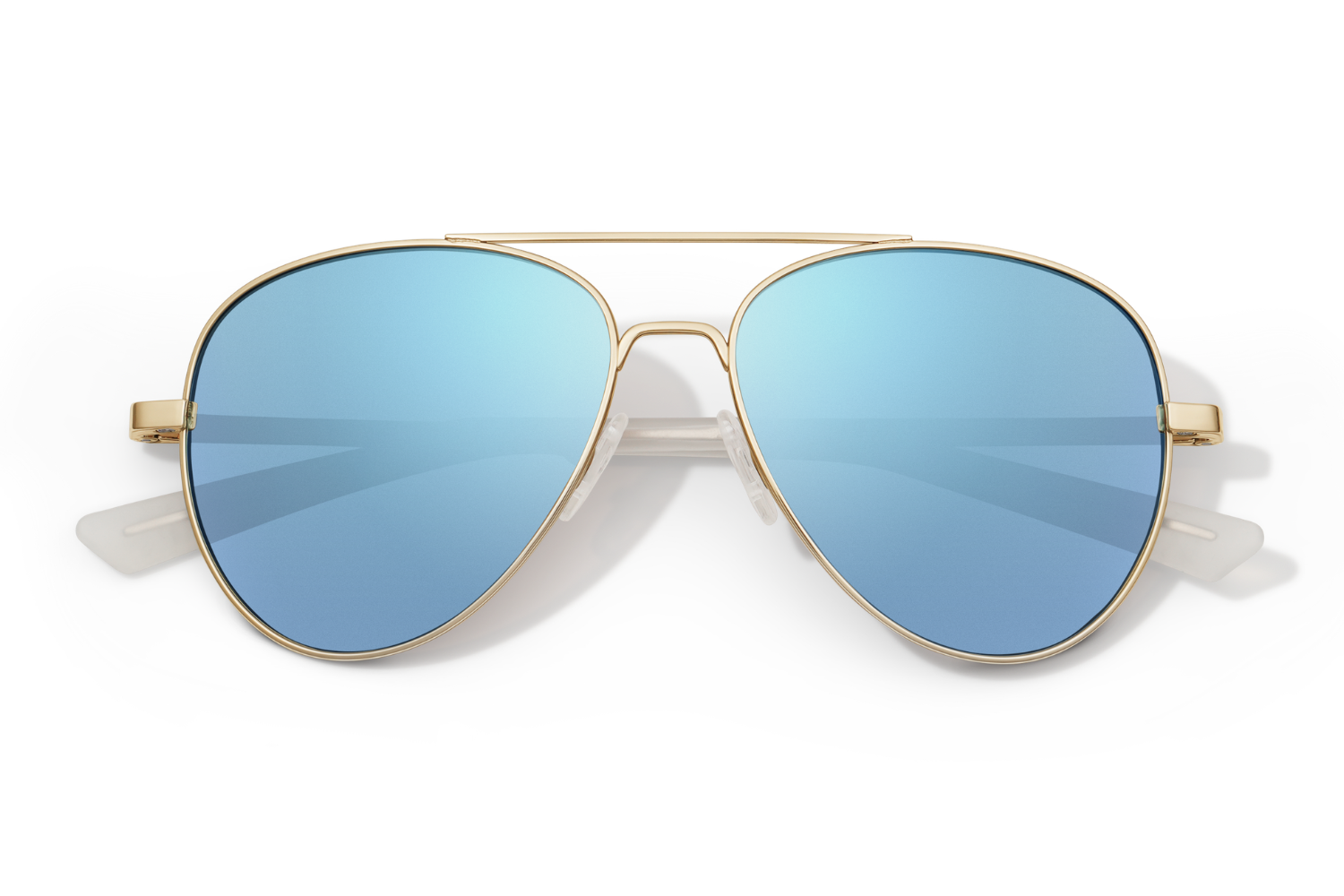 Gold-framed sunglasses with blue mirror on a white background